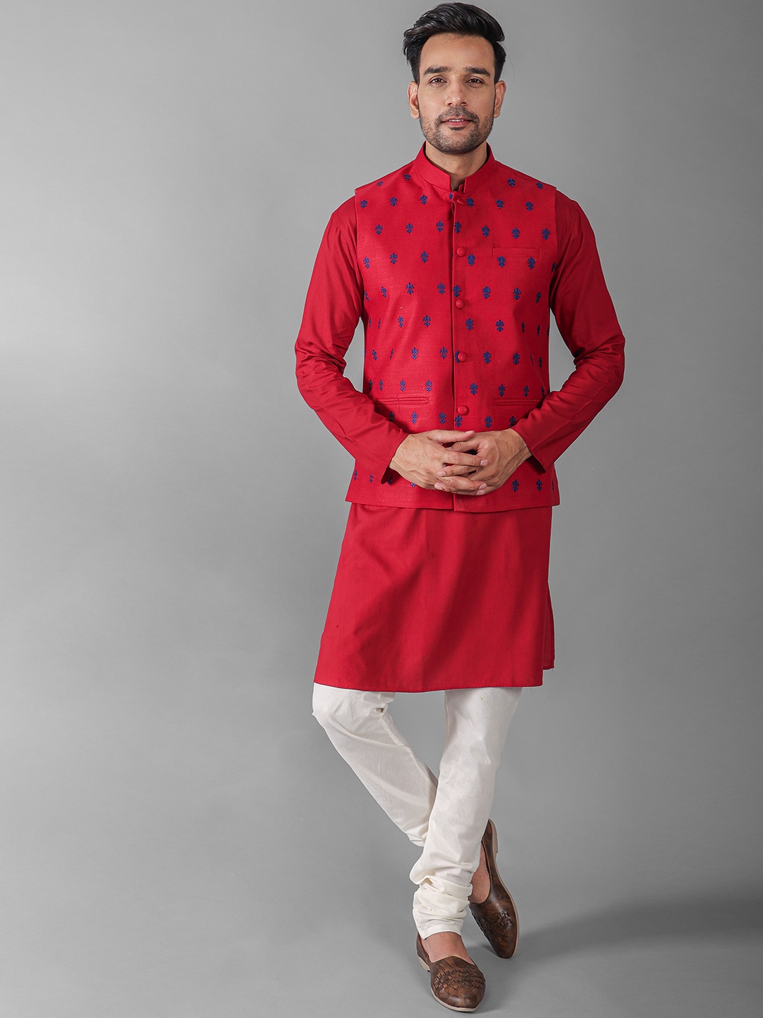 

VESHAM Mandarin Collar Red Regular Kurta With Churidar & Nehru Jacket