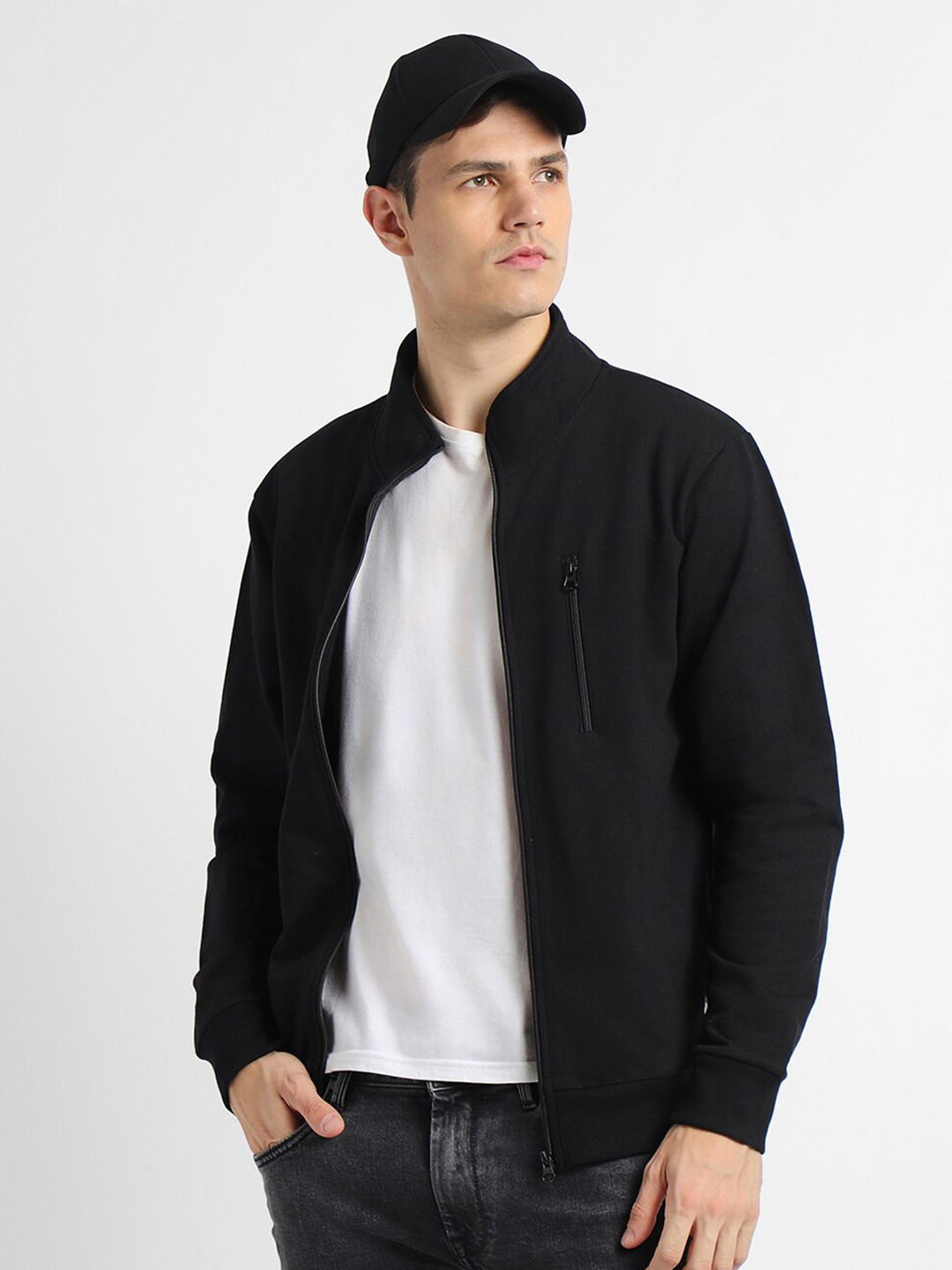 

Dennis Lingo Mock Collar Front-Open Sweatshirt, Black