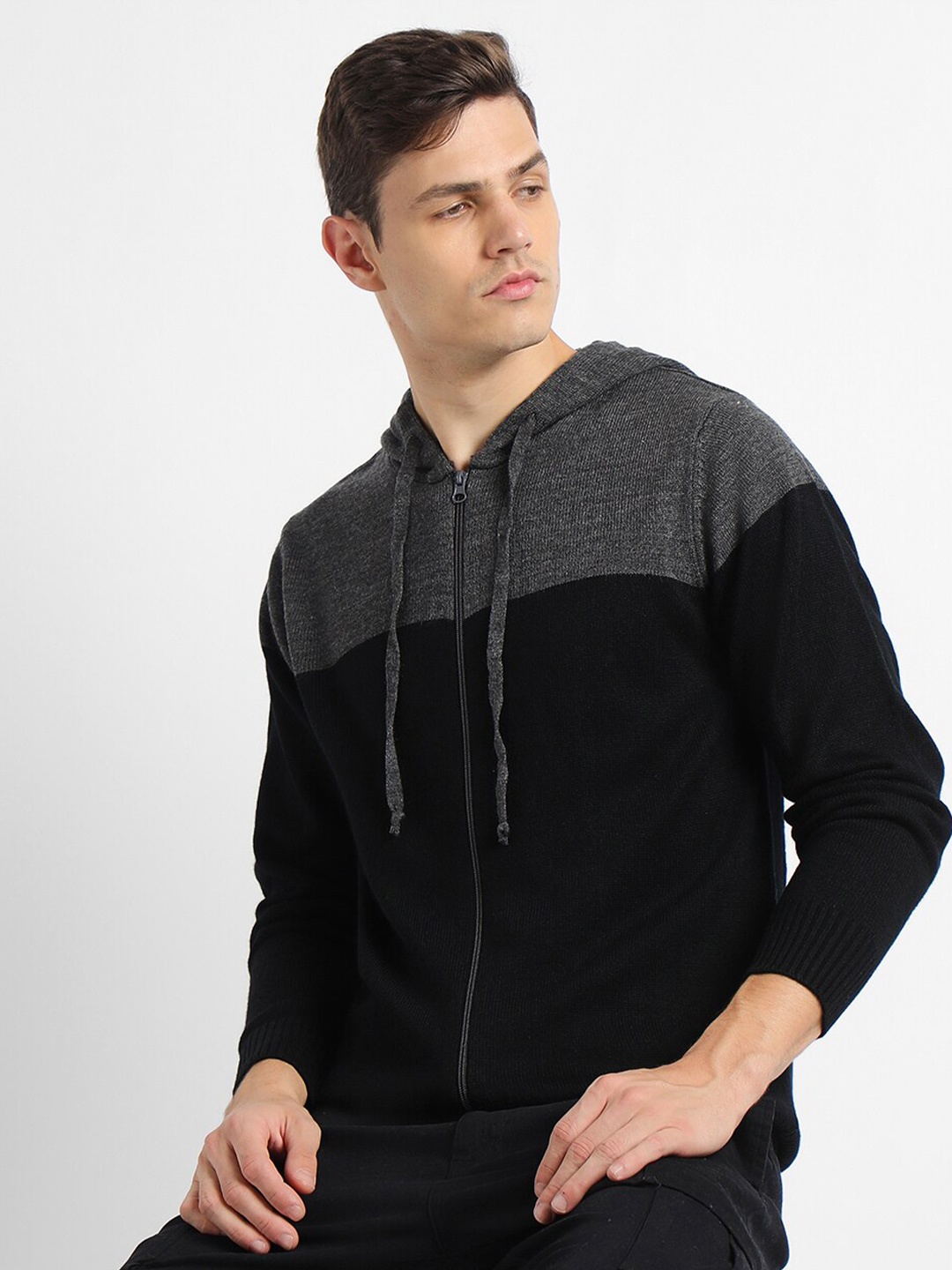 

Dennis Lingo Colourblocked Hooded Neck Long Sleeves Acrylic Cardigan Sweater, Grey