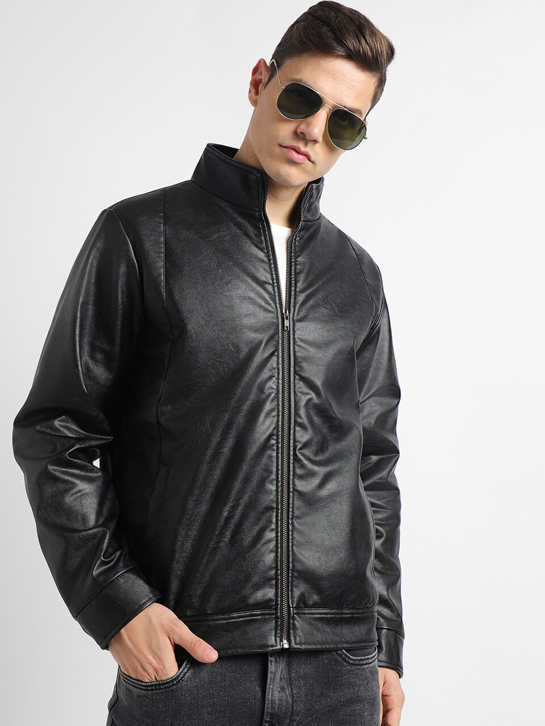 

Dennis Lingo Stand Collar Biker Jacket, Black
