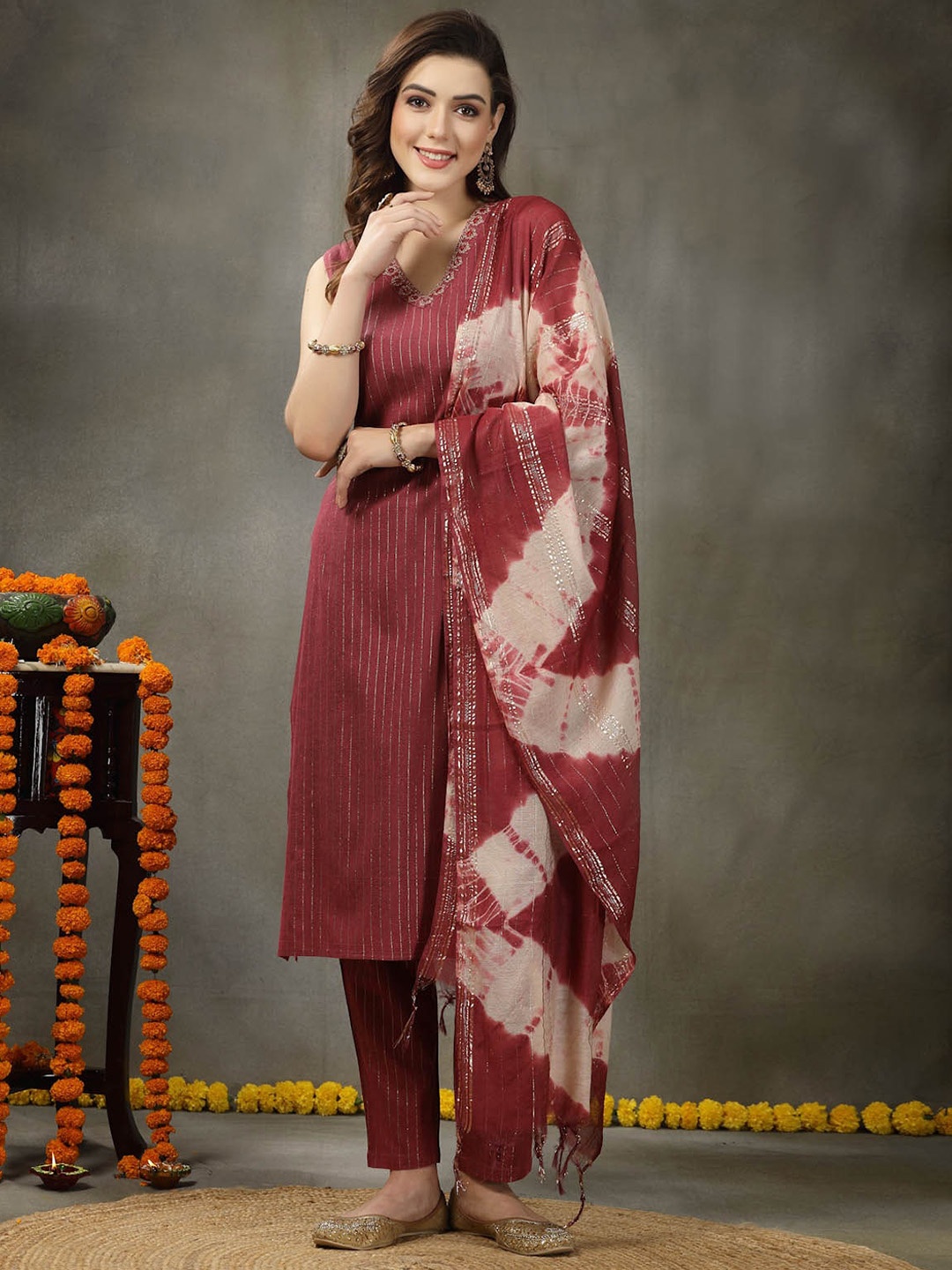 Stylum Striped V-Neck Sleeveless Mirror Work Kurta With Trousers & Dupatta, Maroon