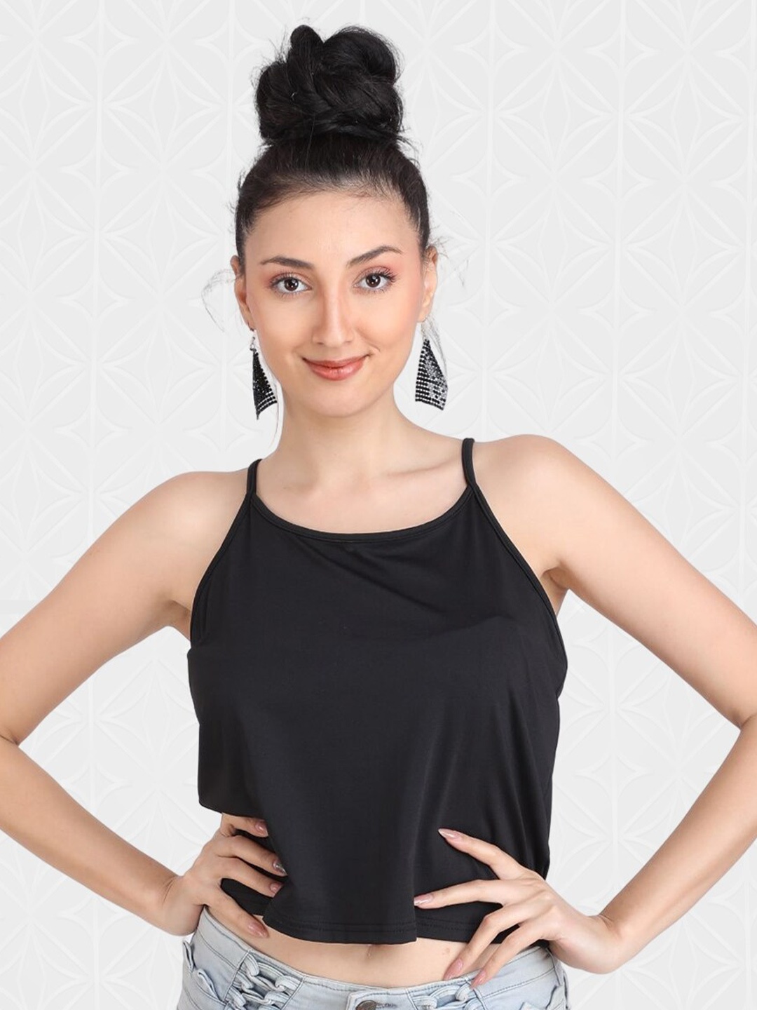 

Designer Bugs Shoulder Strap Crop Top, Black