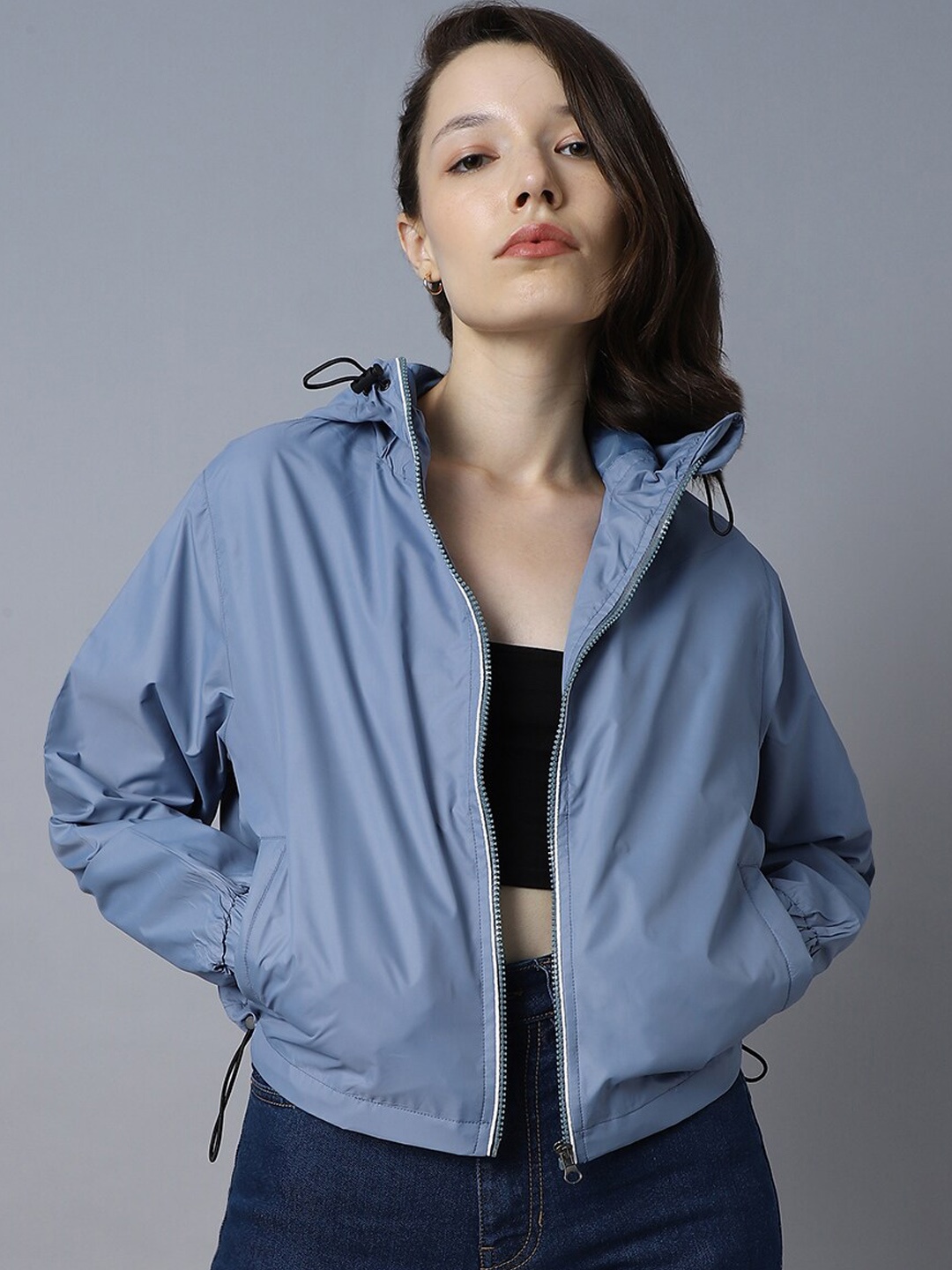 

High Star Hooded Long Sleeves Windcheater Crop Sporty Jacket, Blue