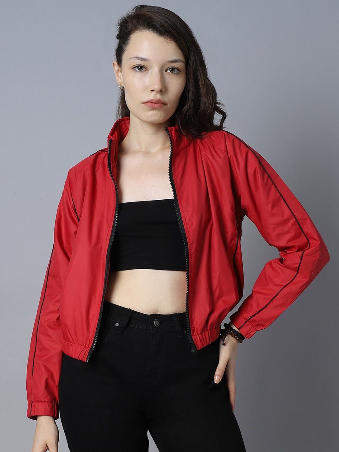 

High Star Mock Collar Long Sleeves Windcheater Crop Bomber Jacket, Red