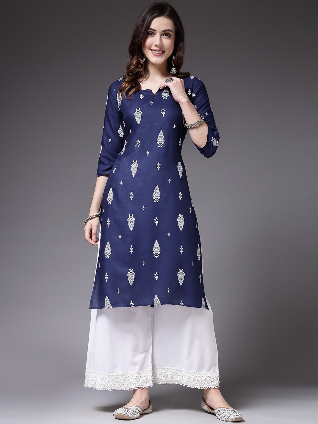 

Stylum Ethnic Motifs Printed Straight Kurta, Navy blue