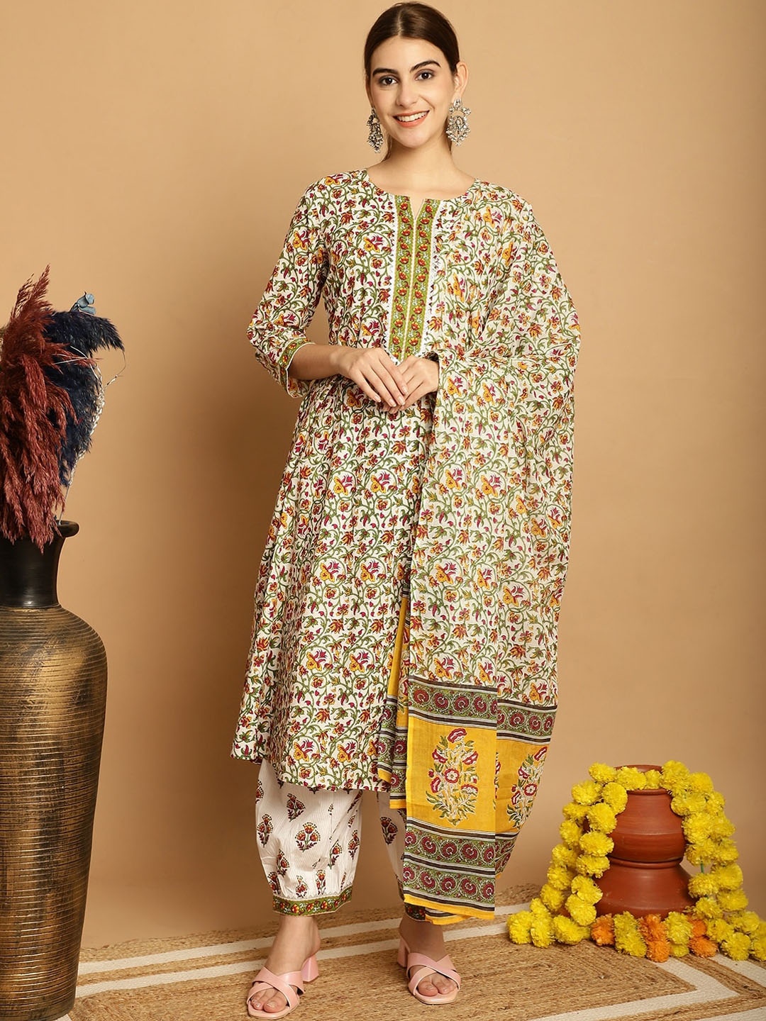 

KALINI Floral Printed Regular Pure Cotton Anarkali Kurta & Salwar With Dupatta, Mustard