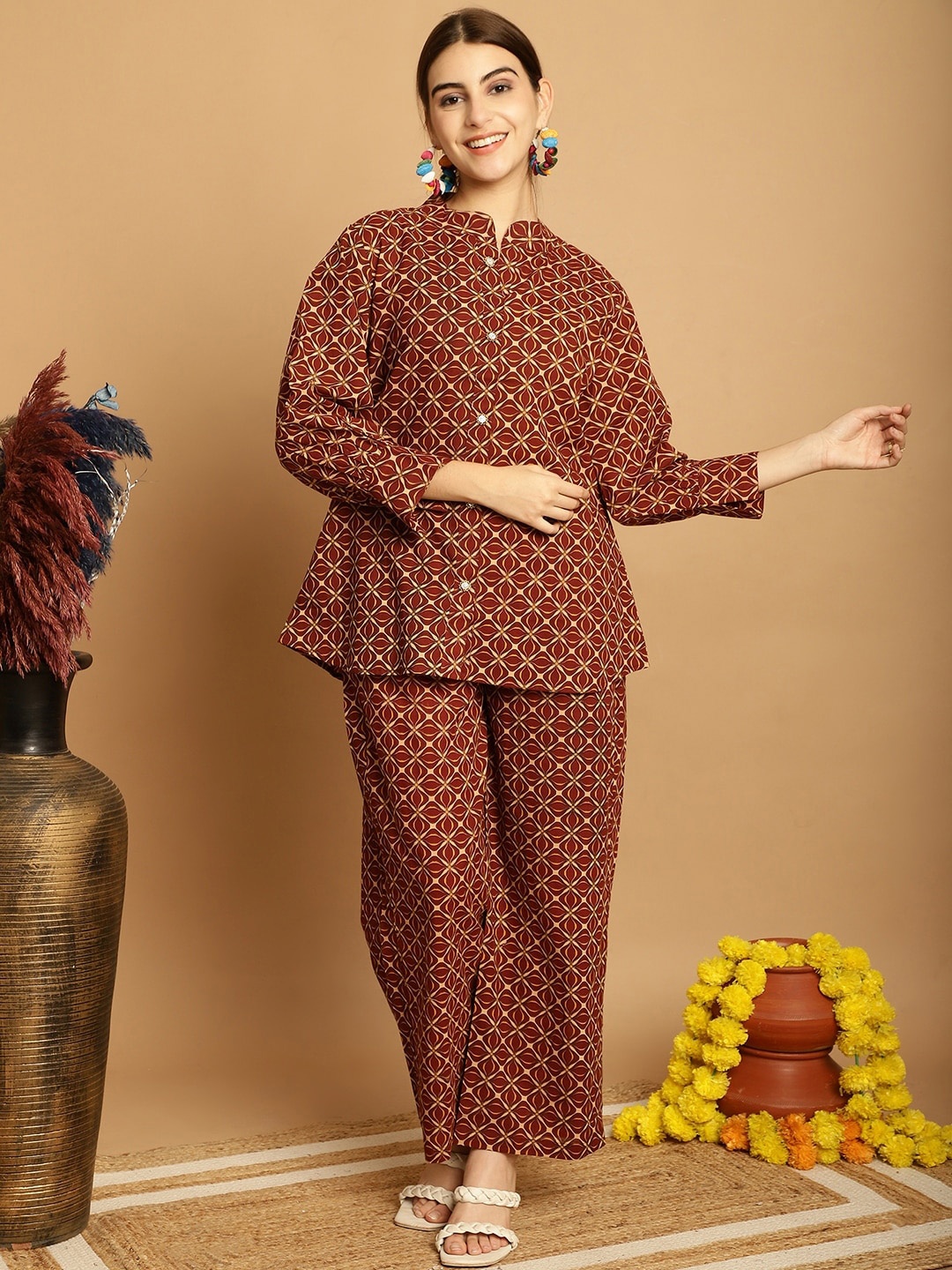 

KALINI Ethnic Motifs Printed Pure Cotton Shirt Style Top With Printed Palazzo, Brown