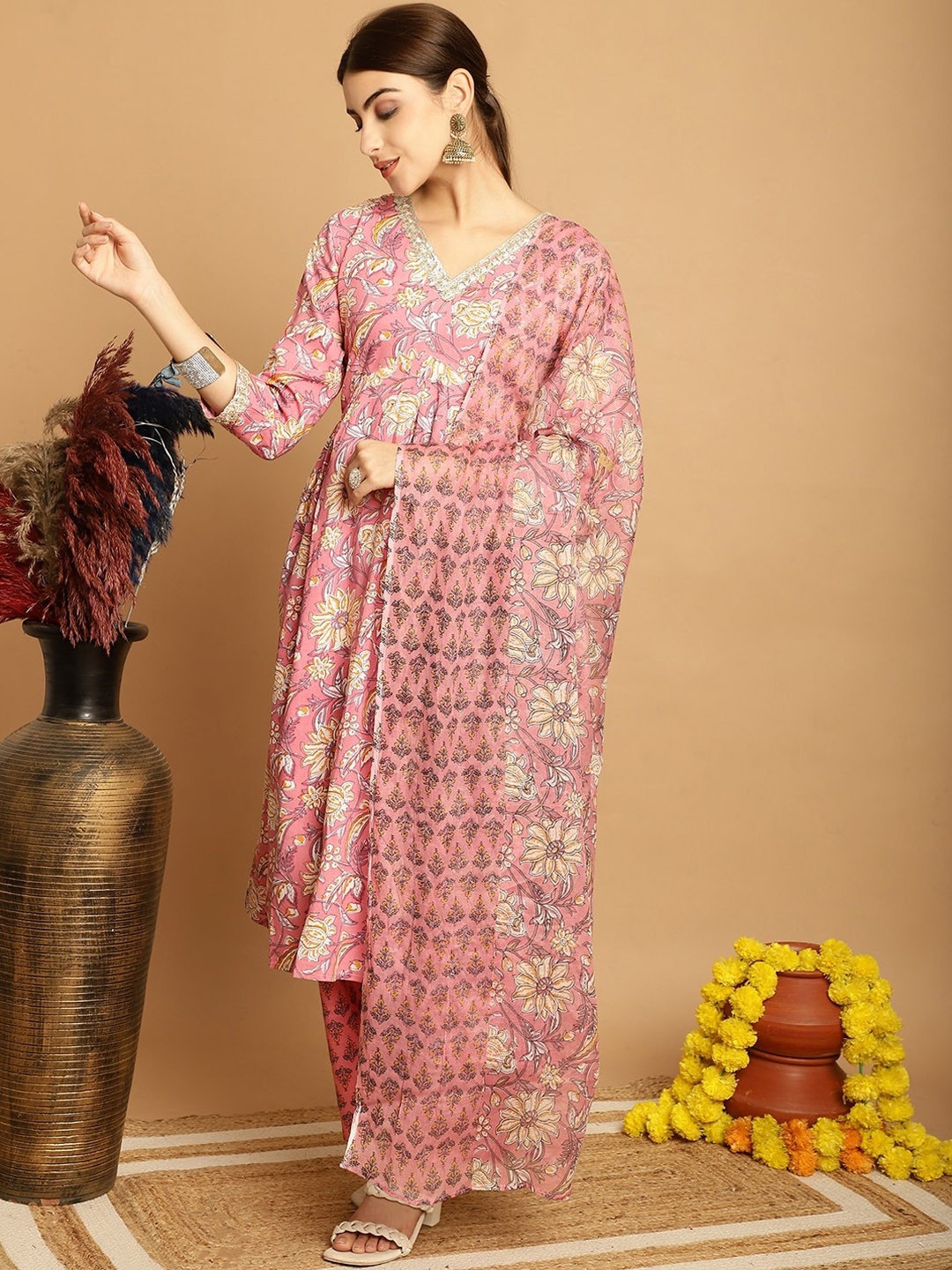 

KALINI Floral Printed Empire Pure Cotton Kurta With Palazzos & Dupatta, Pink