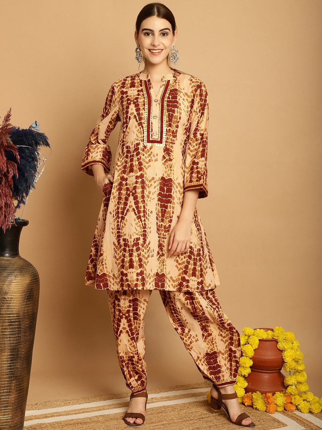 

KALINI Abstract Printed Empire Gotta Patti Pure Cotton A-Line Kurta With Dhoti Pants, Camel brown