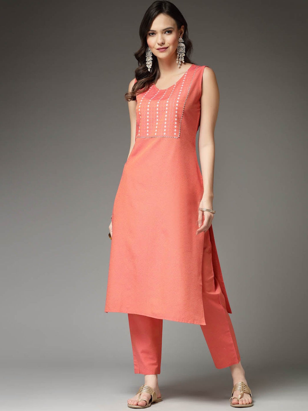 

Stylum Mirror Work Sleeveless Kurta with Trousers, Coral