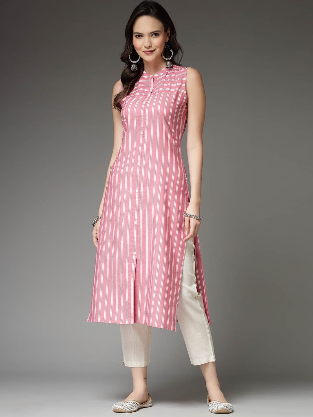 

Stylum Striped Mandarin Collar Straight Kurta, Pink