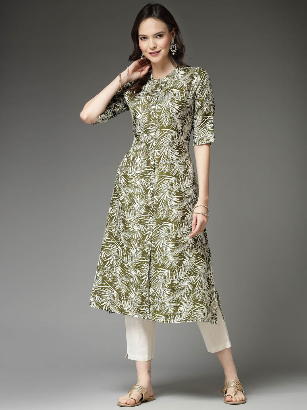 

Stylum Floral Printed Band Collar Straight Kurta, Green