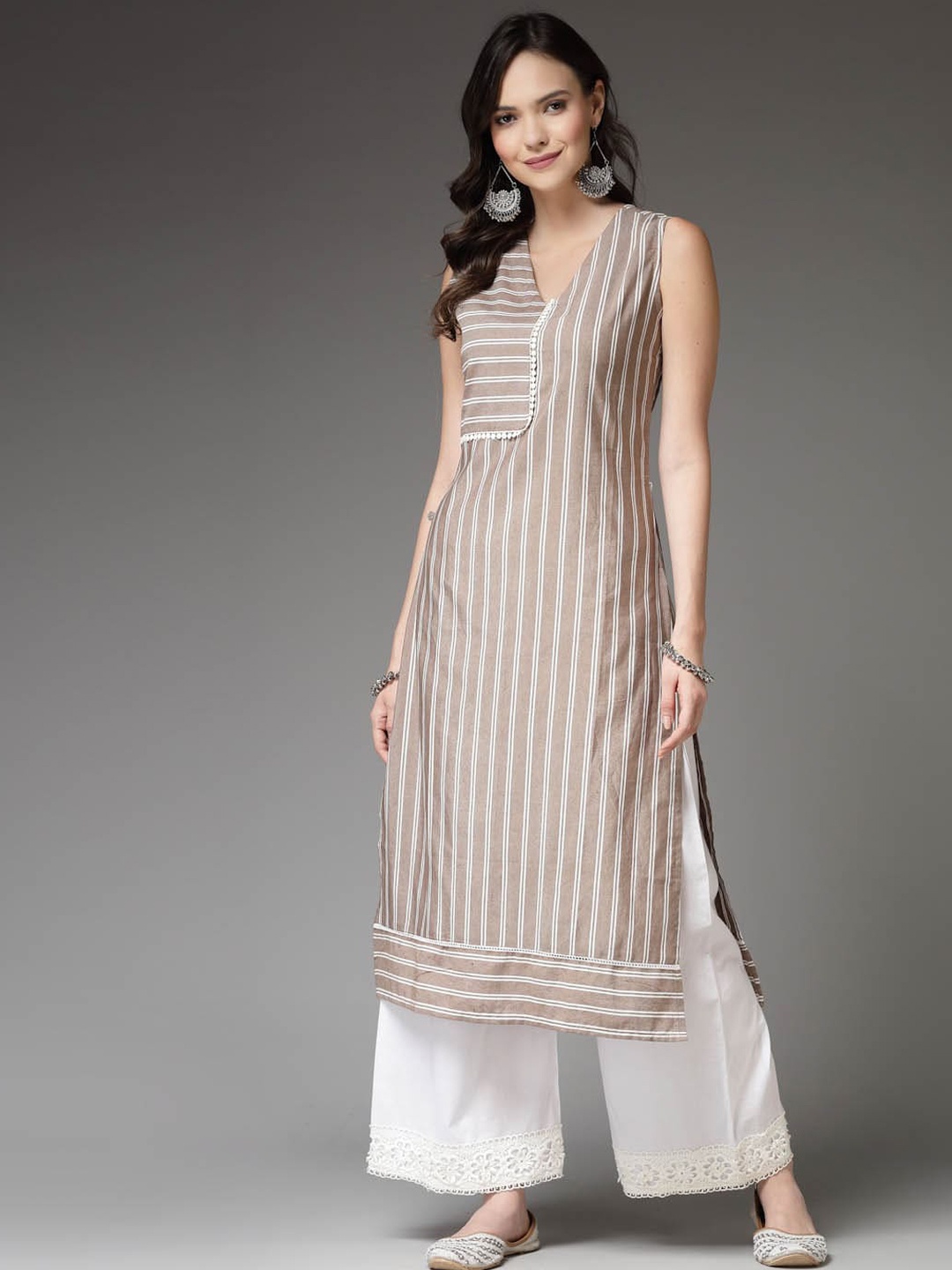 

Stylum Striped V-Neck Straight Kurta, Beige