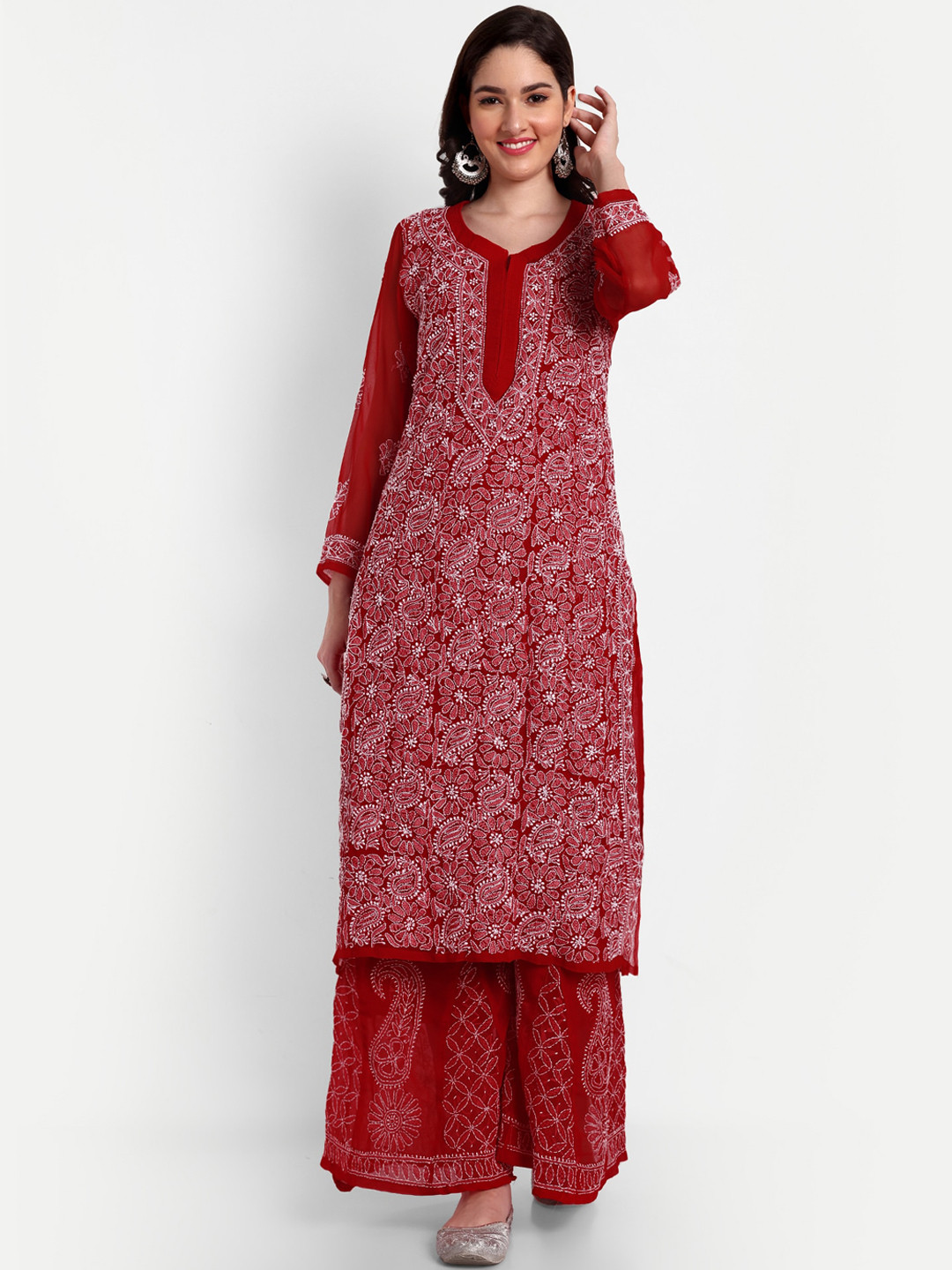 

Indiankala4u Paisley Embroidered Regular Chikankari Kurta with Sharara, Red