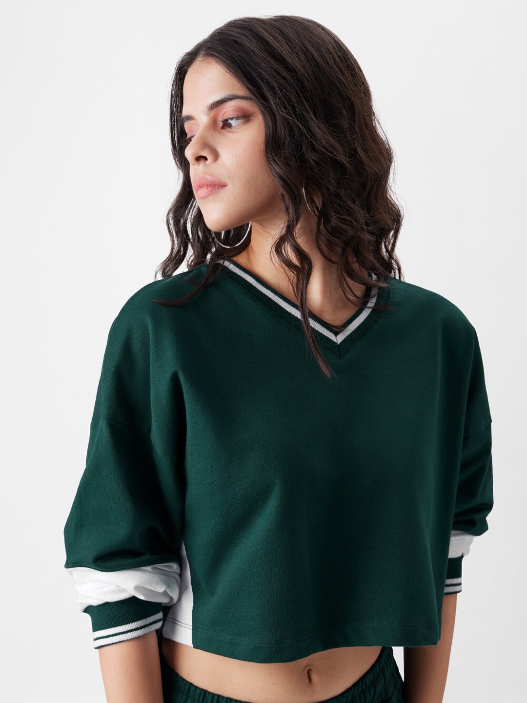 

The Souled Store Green Colourblocked V-Neck Cotton Crop Top