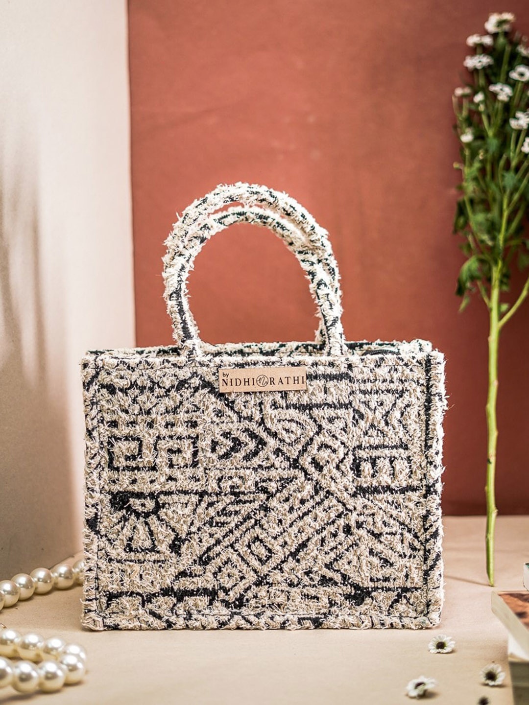 NR By Nidhi Rathi Self Design Oversized Structured Handheld Bag, Cream
