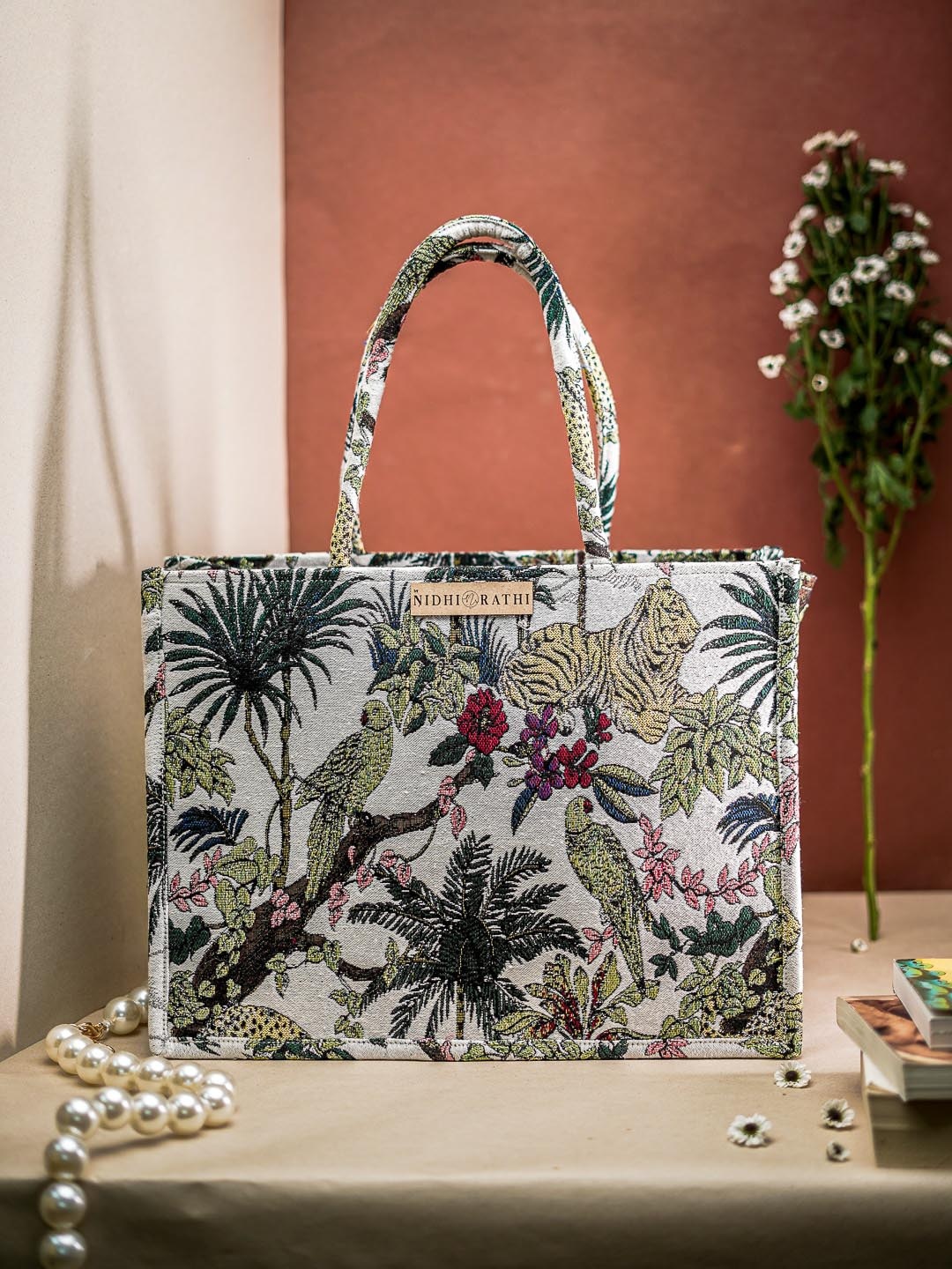

NR By Nidhi Rathi Abstract Embroidered Structured Handheld Bag, White