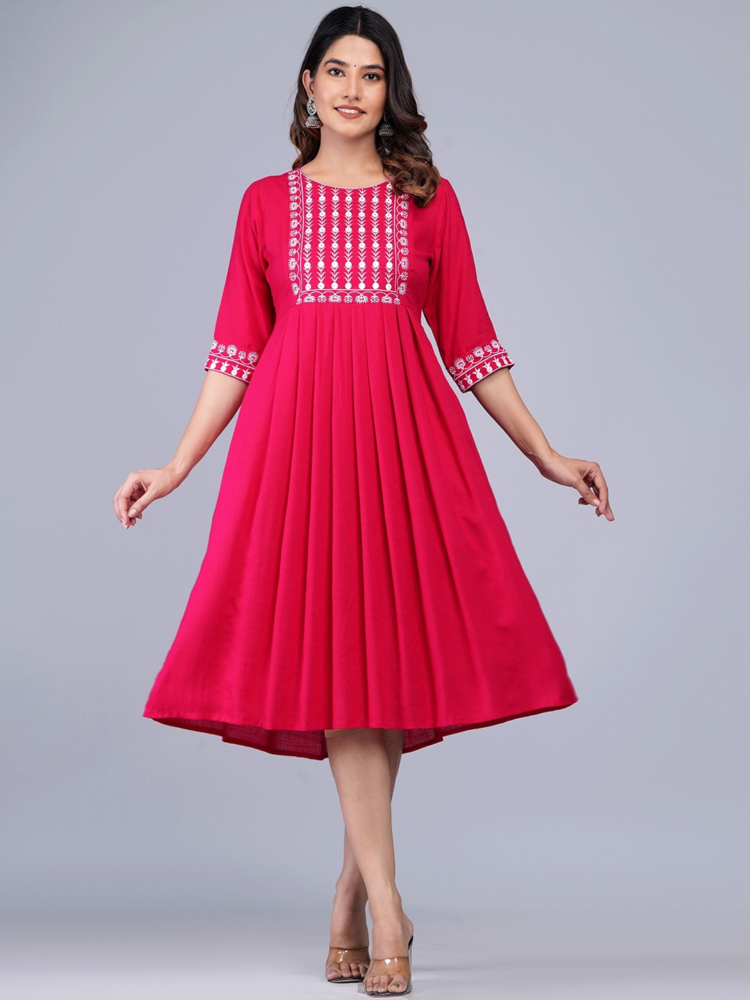 

KUROCK Ethnic Motifs Mirror Work Embroidered Fit & Flare Midi Ethnic Dress, Pink