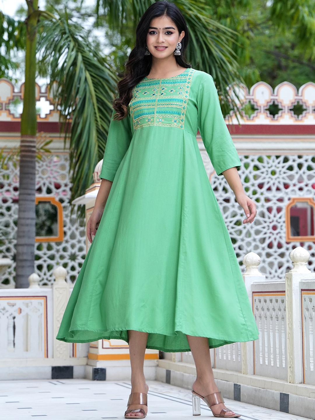 

KUROCK Ethnic Motifs Mirror Work Embroidered Fit & Flare Midi Ethnic Dress, Green