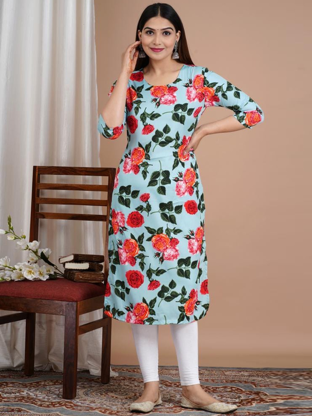 

KUROCK Floral Printed Straight Kurta, Blue