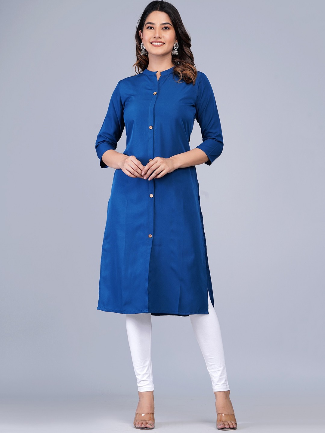 

KUROCK Mandarin Collar A-line Crepe Kurta, Blue