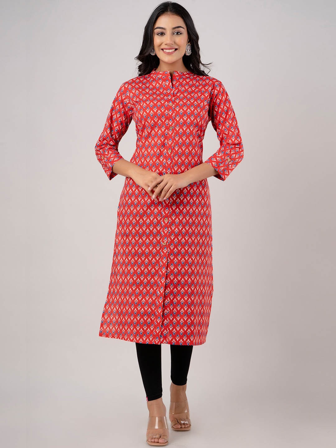 

FERANOID Ethnic Motifs Block Print Cotton Kurta, Red