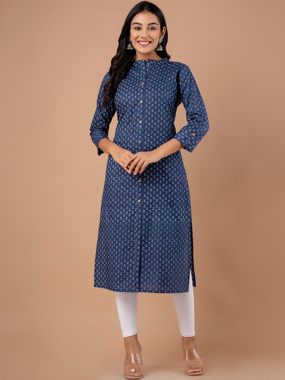 

FERANOID Ethnic Motifs Printed Mandarin Collar Pure Cotton Kurta, Blue