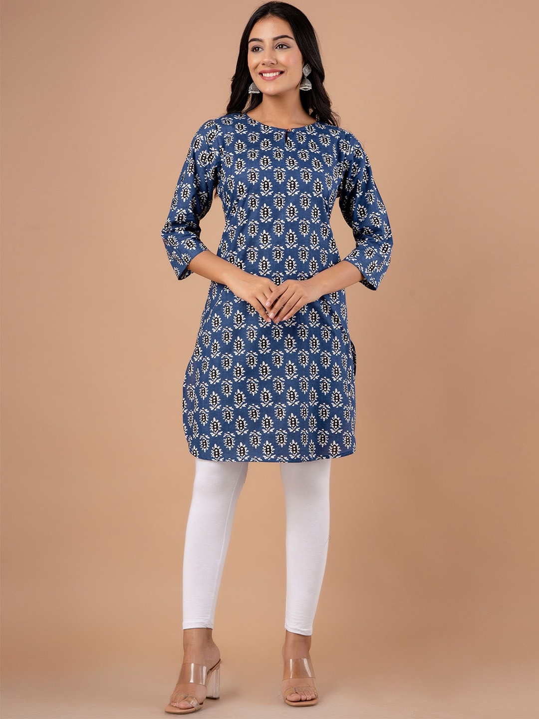 

FERANOID Ethnic Motifs Printed Straight Regular Pure Cotton Kurta, Blue