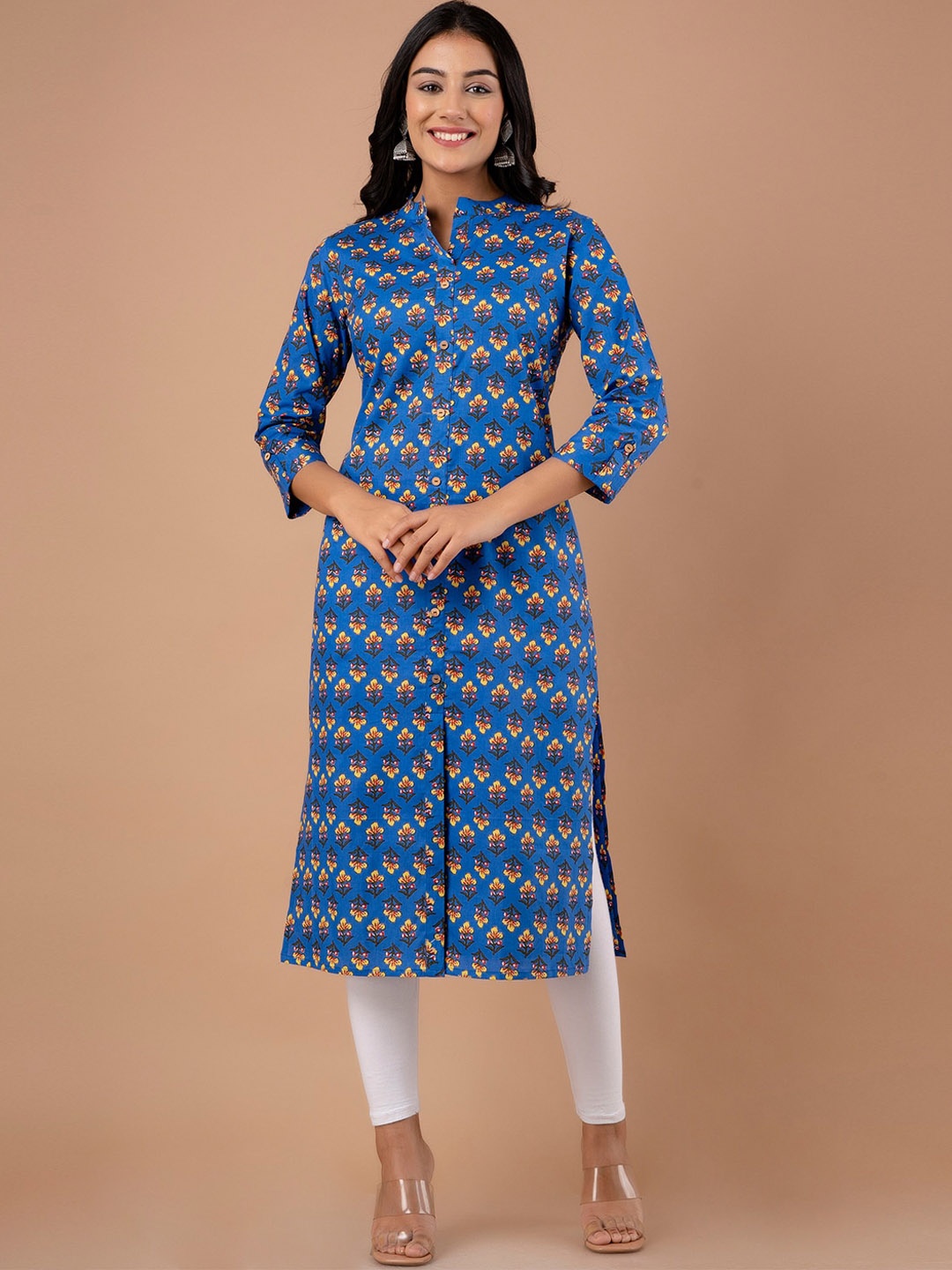 

FERANOID Ethnic Motifs Printed Mandarin Collar Pure Cotton Kurta, Blue