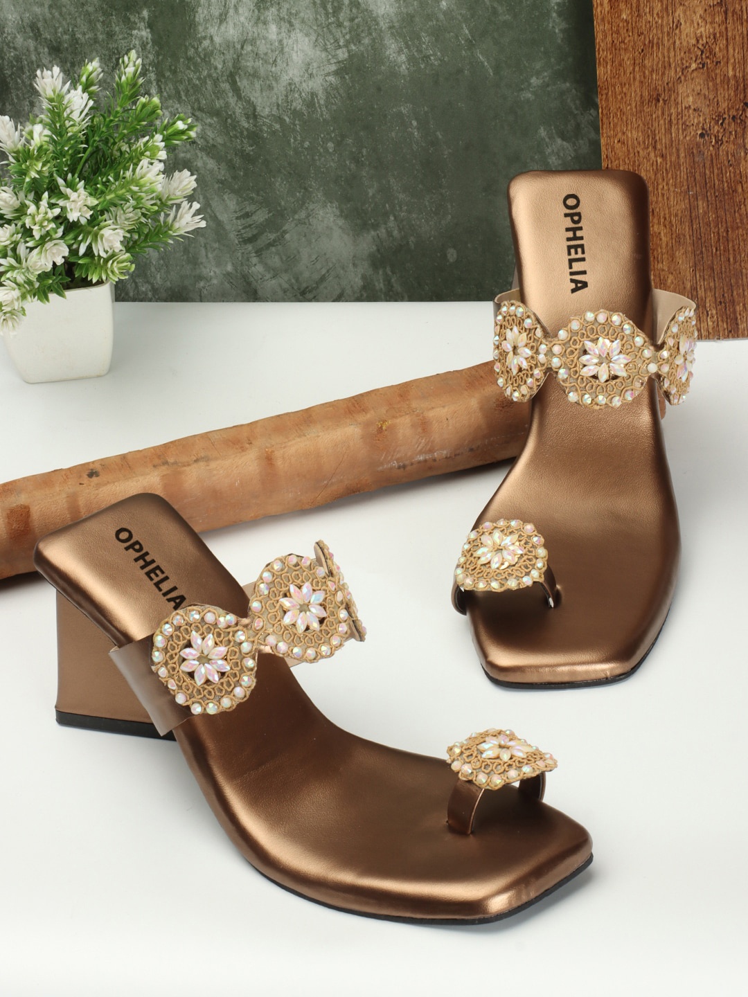 

OPHELIA Embellished Ethnic Block Heels, Copper