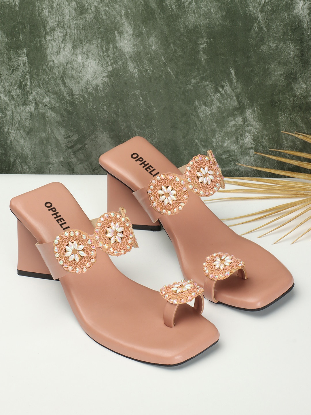 

OPHELIA Embellished One Toe Block Heels, Peach