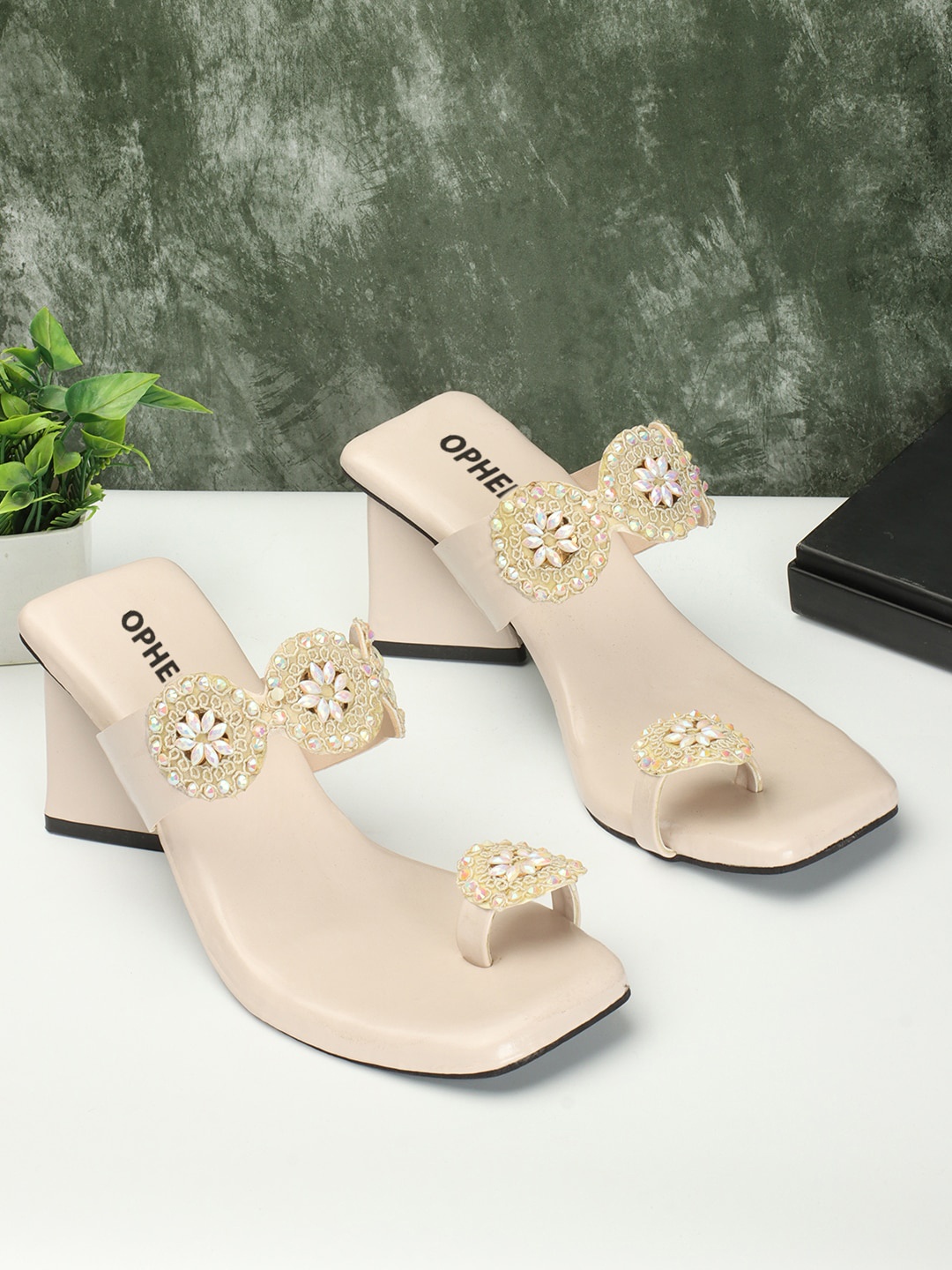 

OPHELIA Embellished Block Heels, Cream
