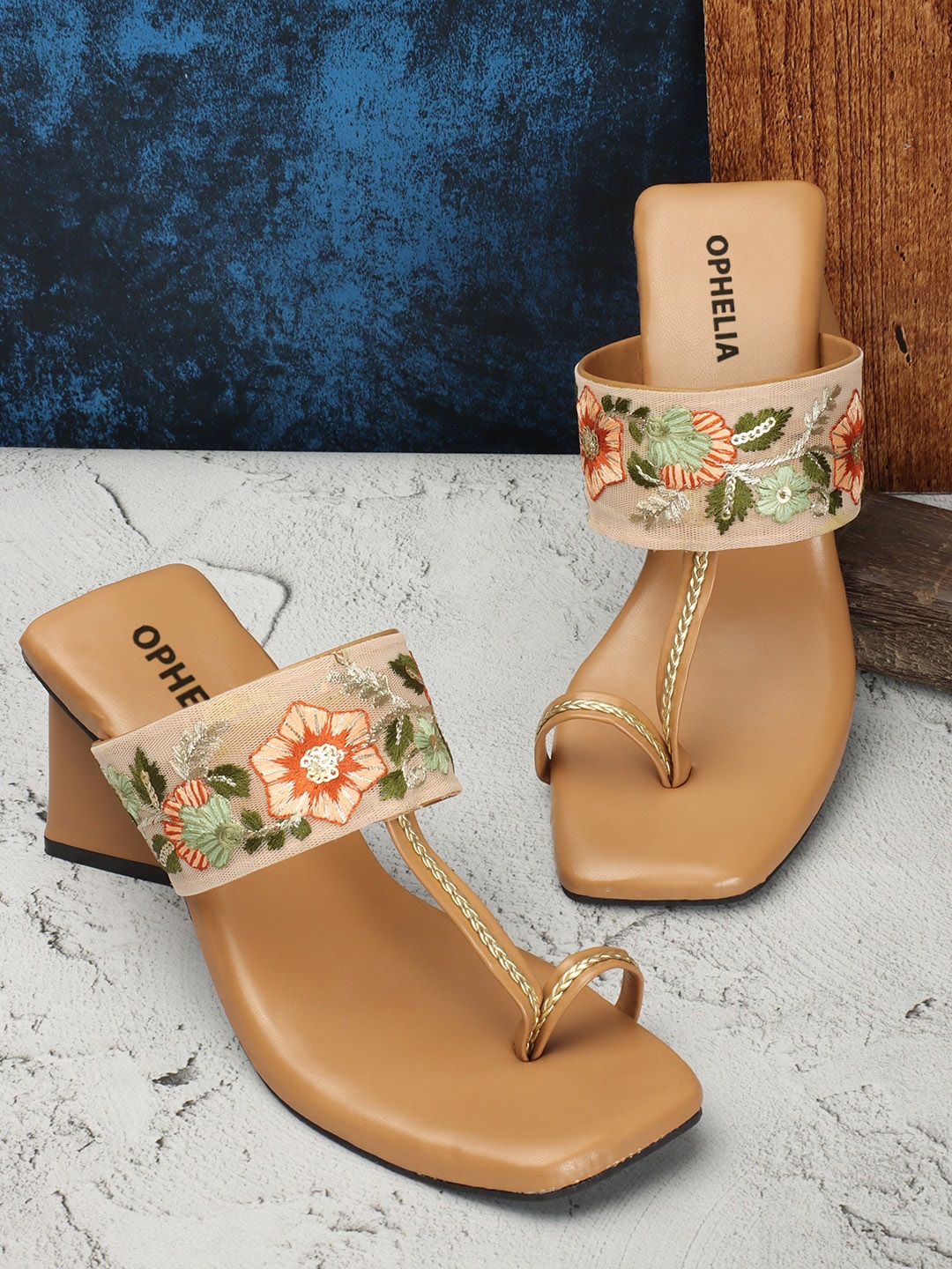 

OPHELIA Embroidered Ethnic Block Heels, Beige