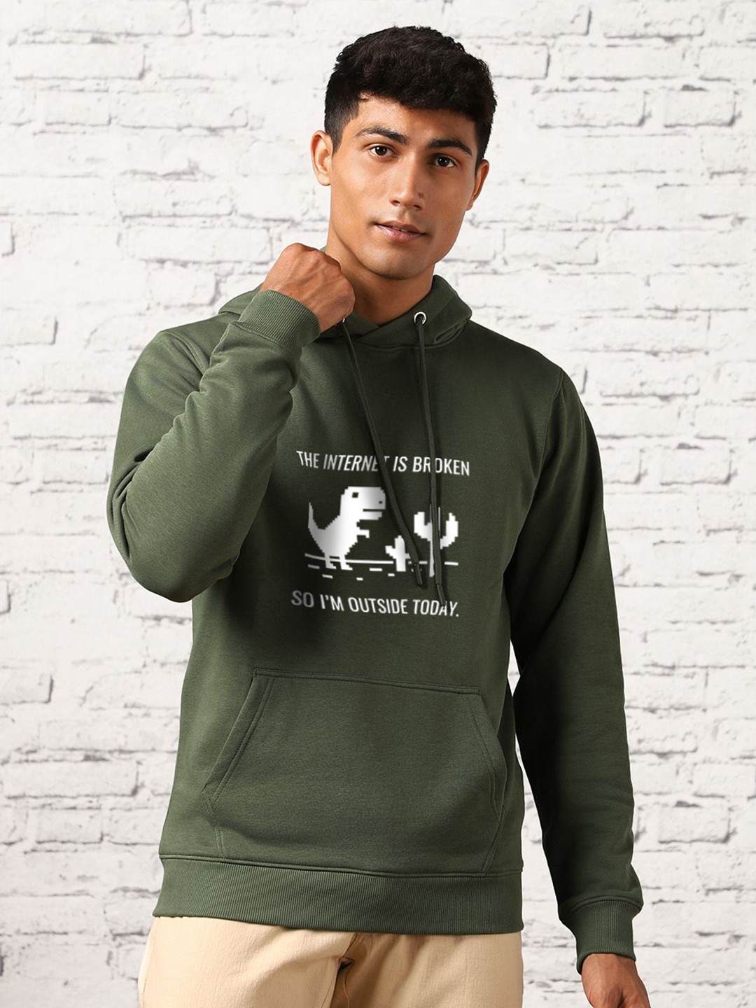 

NOBERO Internet Is Broken Printed Fleece Hood Pullover Sweatshirt, Olive