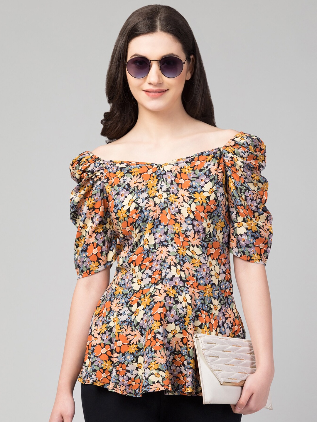 

Zuvino Floral Printed Off-Shoulder Puff Sleeve Bardot Top, Black