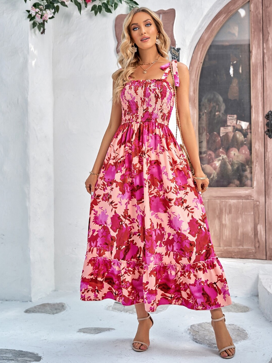 

StyleCast Floral Printed Smocked Maxi Dress, Red