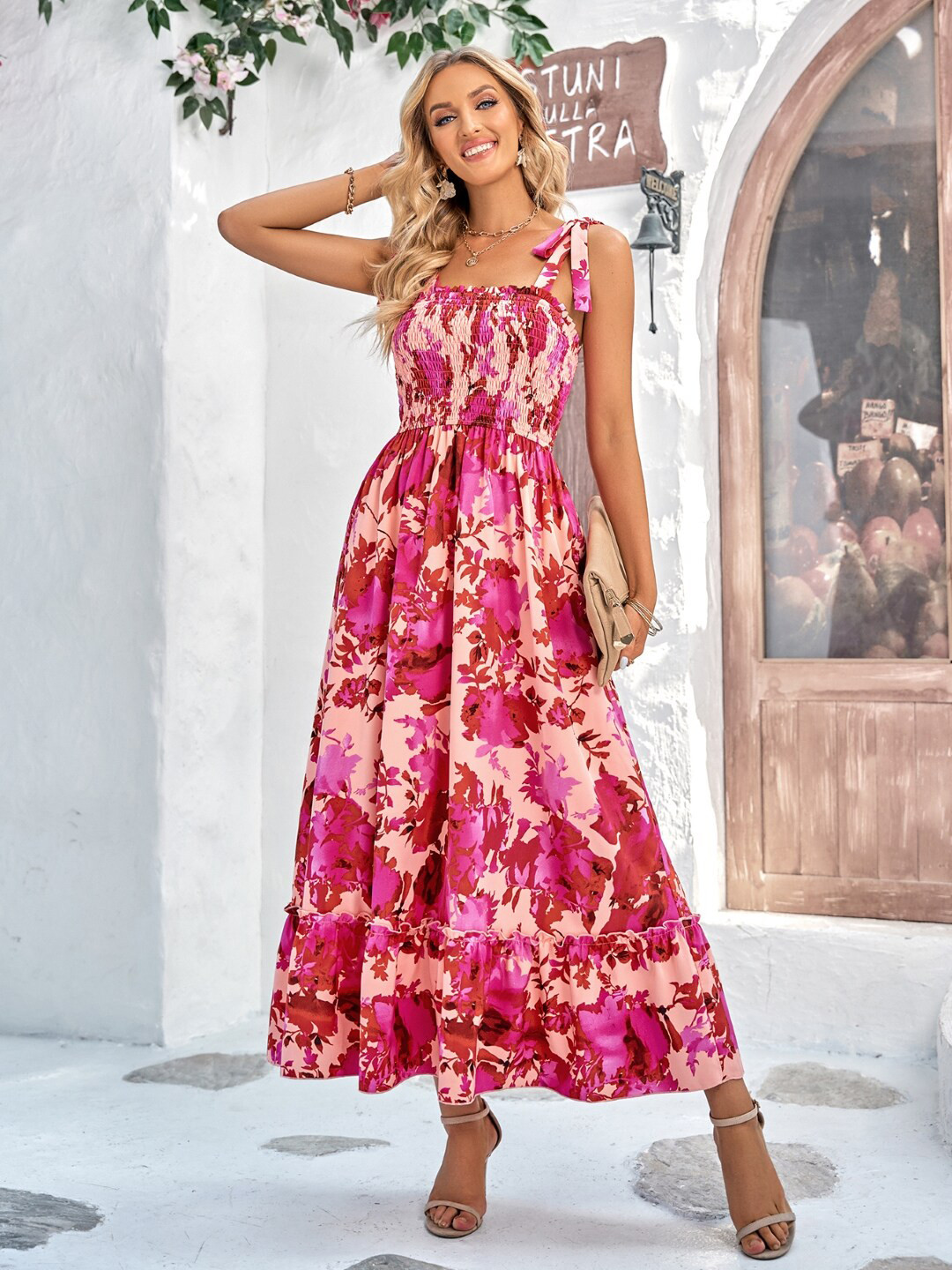 

StyleCast Floral Printed Shoulder Strap Smocked A-Line Maxi Dress, Pink