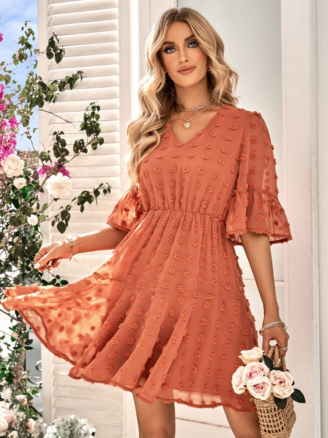 

StyleCast Self Design Bell Sleeve Fit & Flare Above Knee Dress, Brown