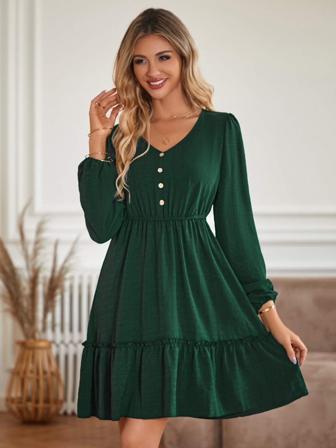 

StyleCast Green Puff Sleeve Fit And Flare Dress