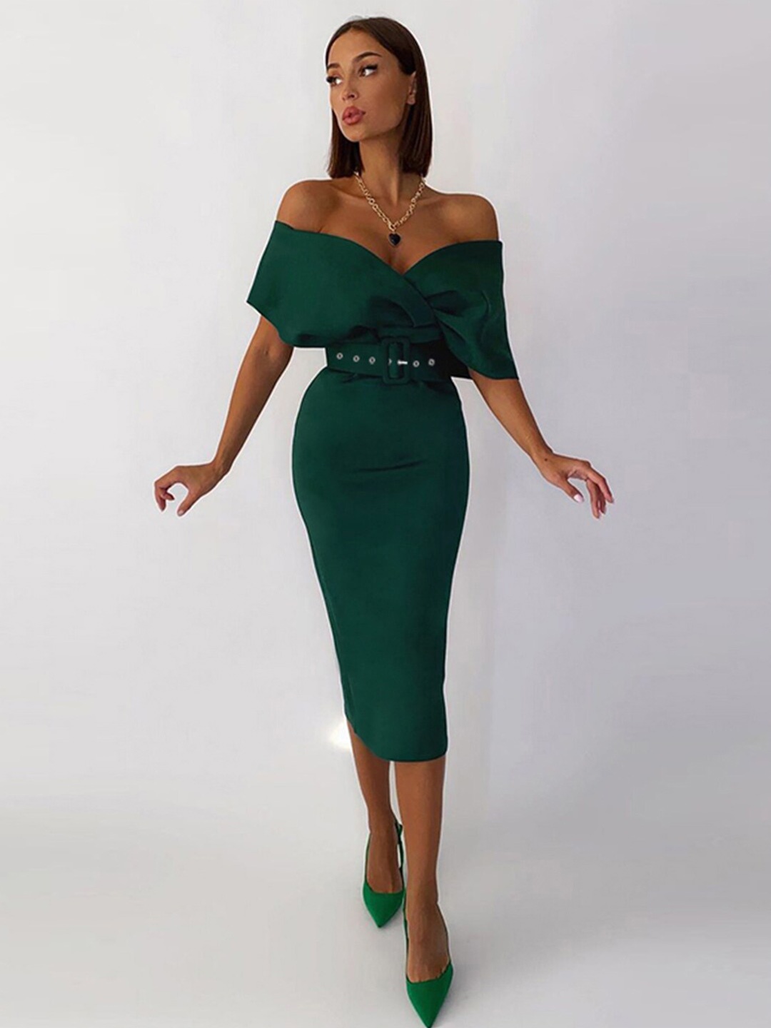 

StyleCast Green Off Shoulder Belted Bodycon Dress