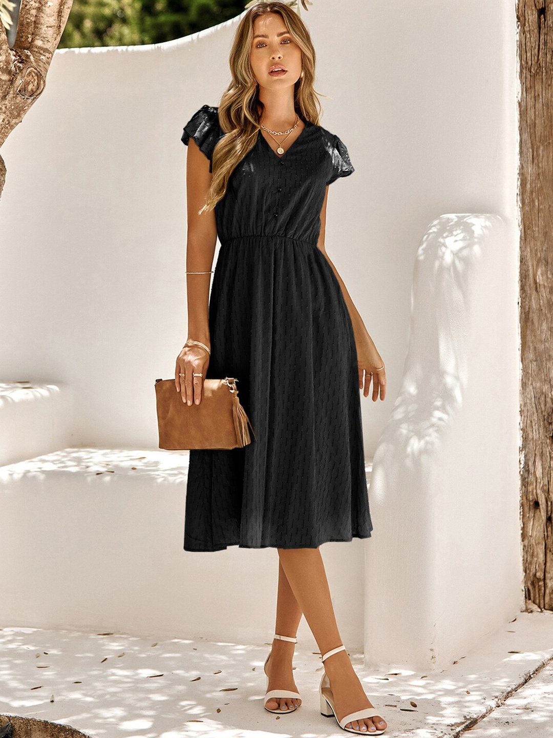 

StyleCast Black Self Design Flutter Sleeves Cotton A-Line Dress