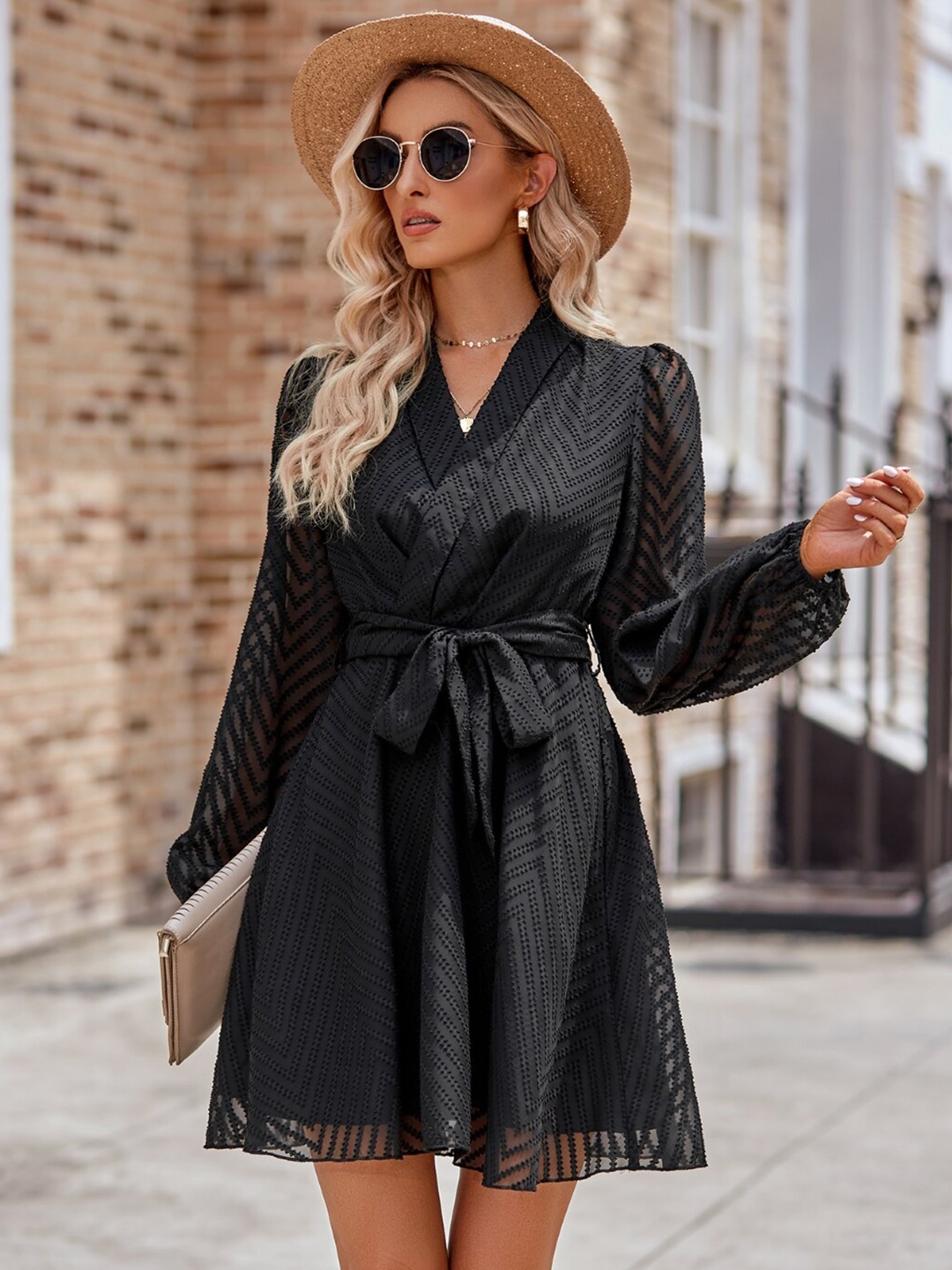 

StyleCast Black Self Design Wrap Dress