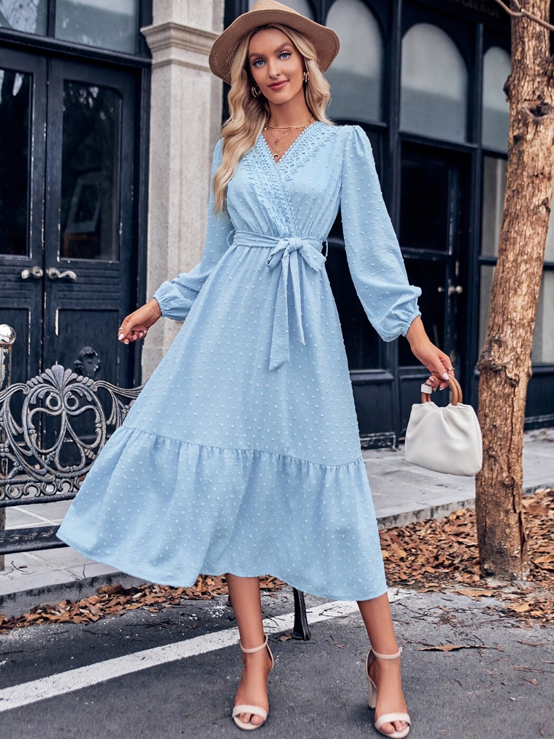 

StyleCast Blue Self Designed V-Neck Belted A-Line Midi Dress