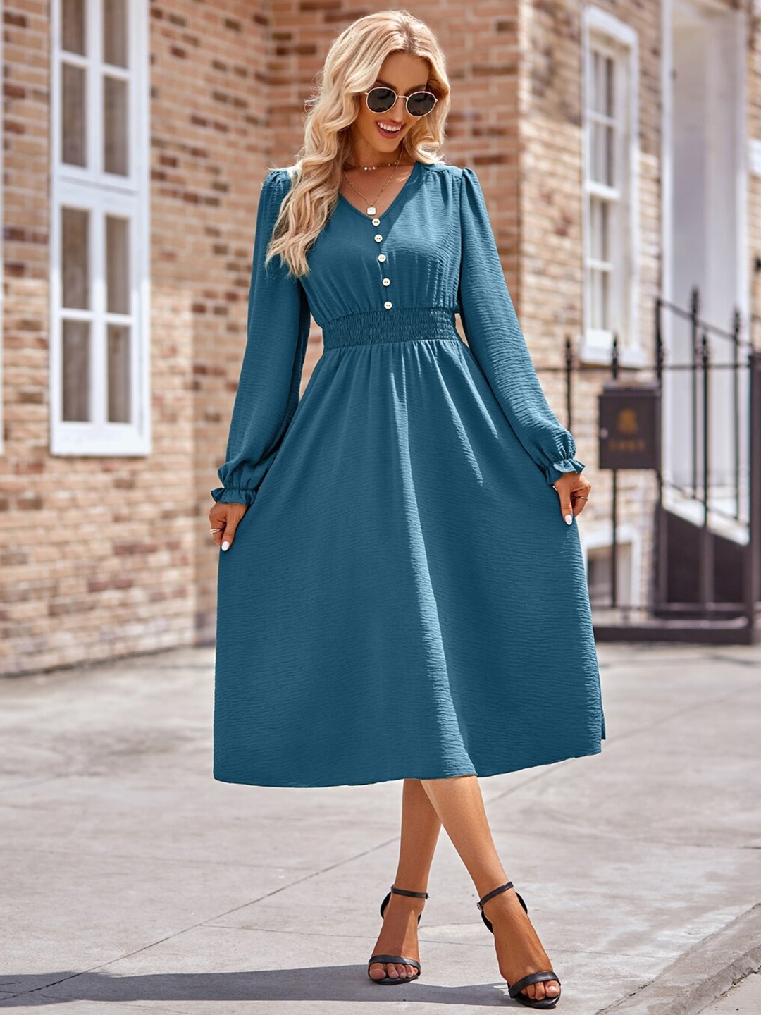 

StyleCast Blue V-Neck Puff Sleeve A-Line Midi Dress