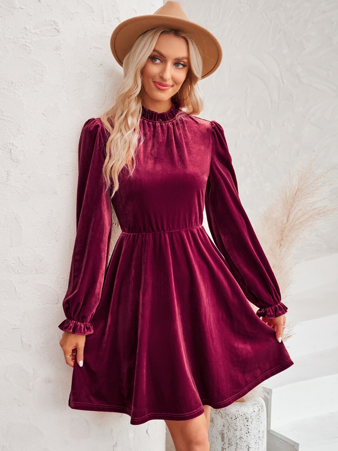 

StyleCast Purple High Neck Puff Sleeves Fit & Flare Dress