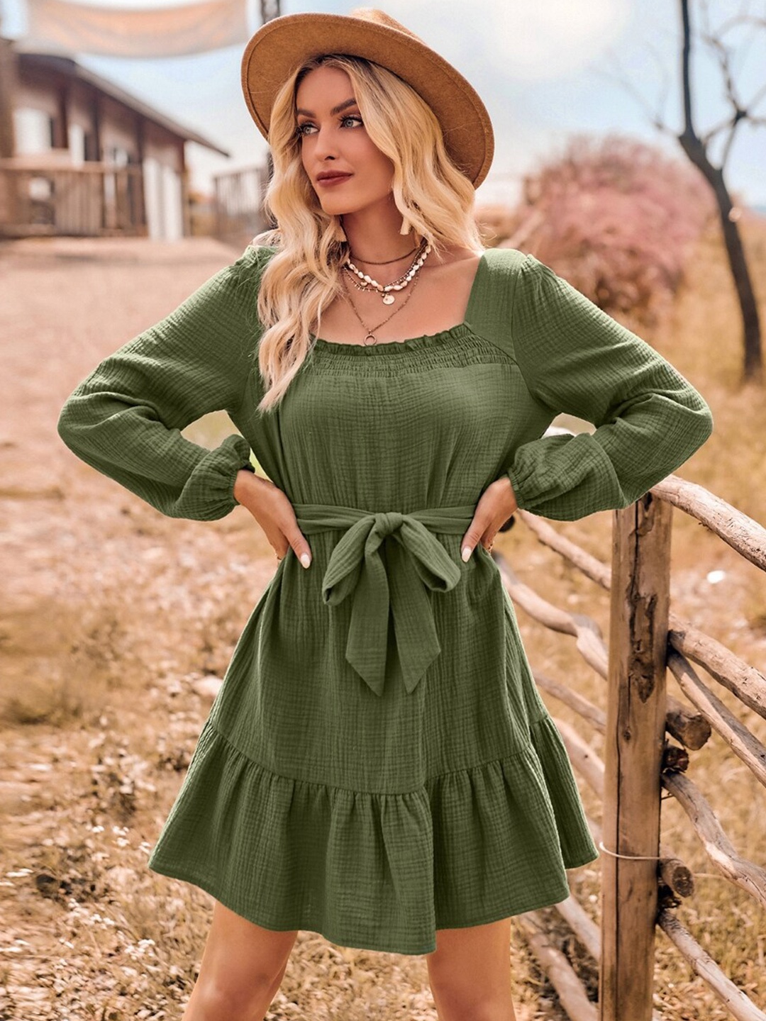 

StyleCast Green Square Neck Smocked Fit & Flare Dress
