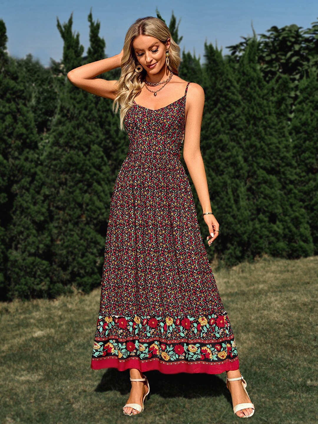 

StyleCast Floral Printed Shoulder Straps Smocked Maxi Dress, Black