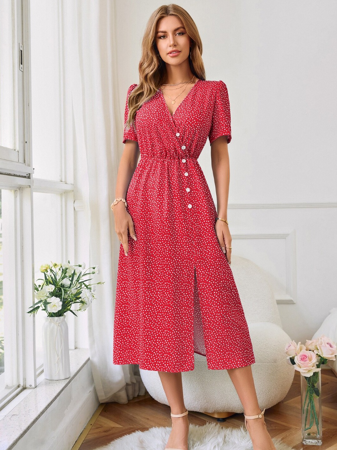 

StyleCast Red Abstract Printed Fit & Flare Midi Dress