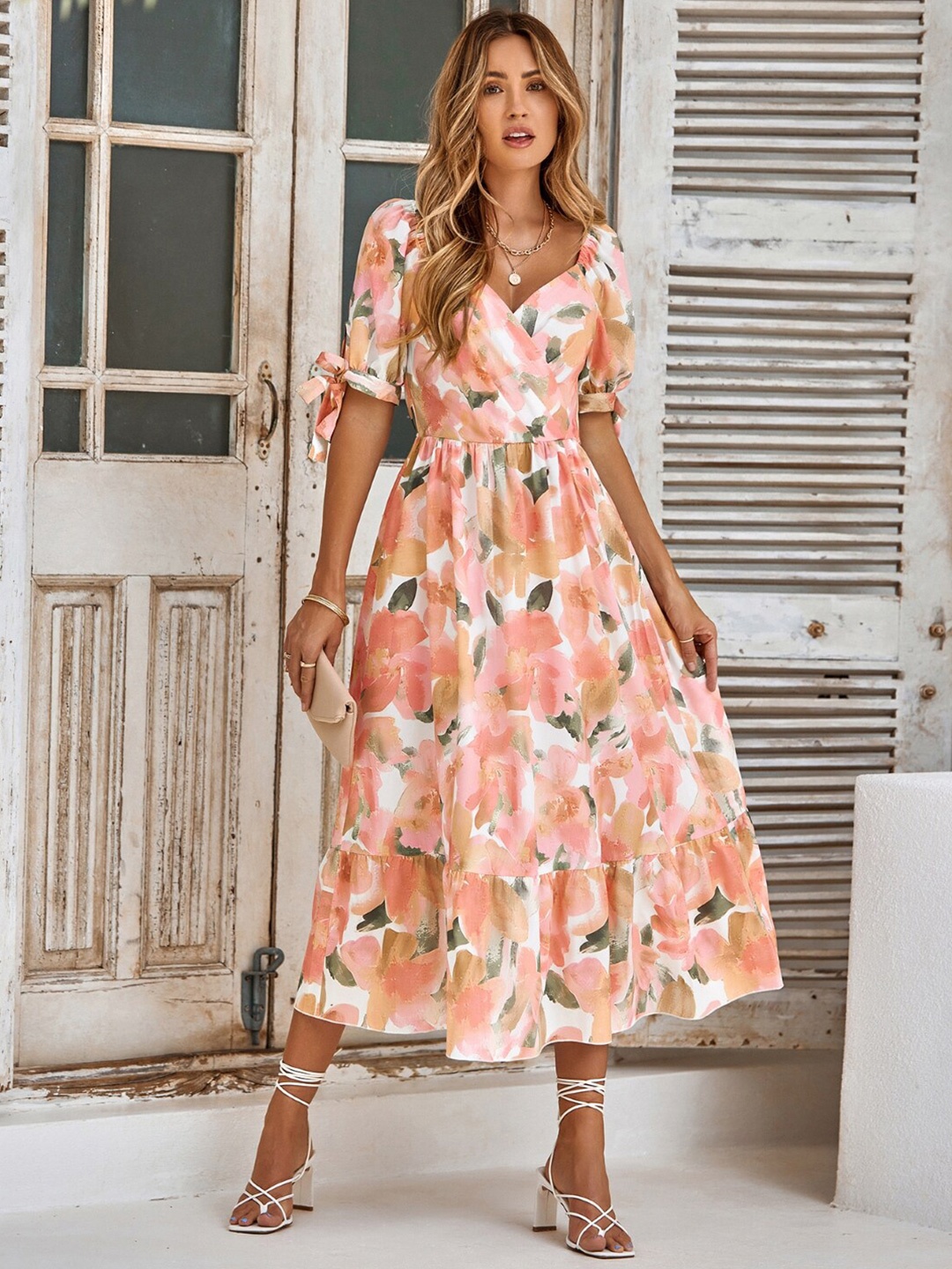 

StyleCast Orange Floral Printed A-Line Midi Dress