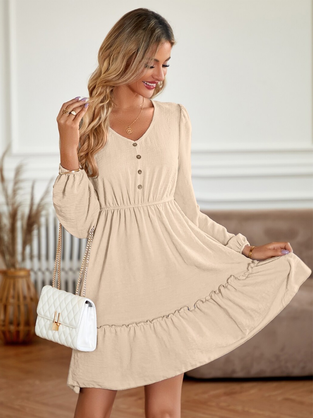 

StyleCast Beige Puffed Sleeves A-Line Dress
